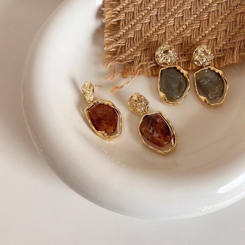 Ahellogirl Korea Retro Istana Gaya Resin Geometris Anting-Anting Wanita Baru Berlebihan High-end Ringan Mewah S925 Perak Jarum Anting Tren