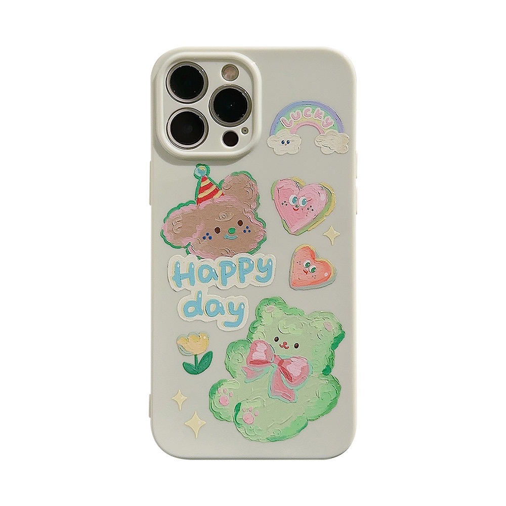 IPHONE Ins Lucu Beruang Hijau Minyak Kartun Silikon Case Untuk Iphone14 11 12 13 PRO MAX Casing Cover Pelindung AT0340