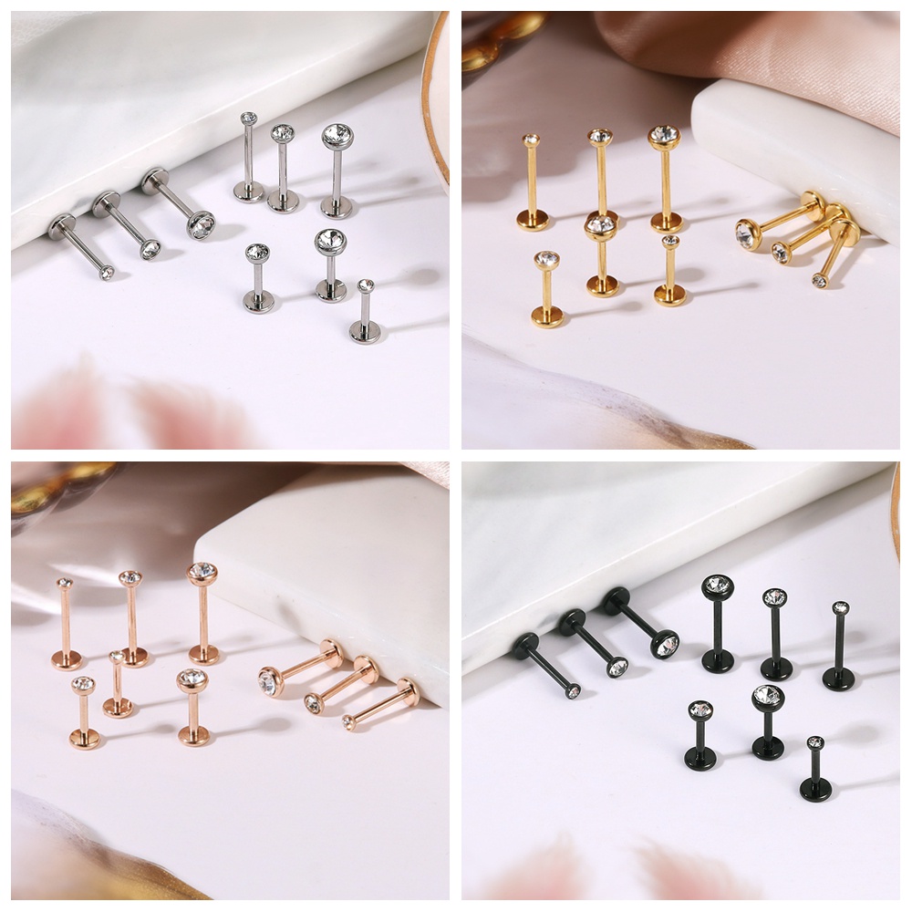 10-12pcs 18G /16G Warna Kristal Labret Piercing Stainless Steel Lip Stud Set Tulang Rawan Stud Earrings Helix Keong Piercing