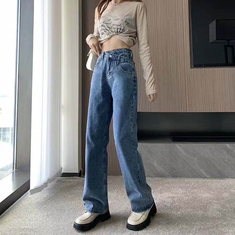 Celana Jeans Korea Wanita Highwaist Oversize Polos Kancing Jeans