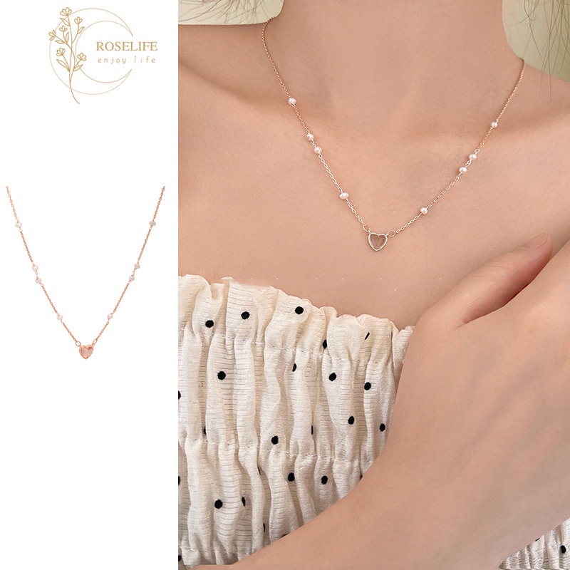 Roselife Korea Halus Mutiara Manik-Manik Rantai Glossy Opal Pink Hati Liontin Kalung Untuk Wanita Perempuan Berlian Imitasi Mengkilap Tulang Selangka Rantai Kalung Perhiasan