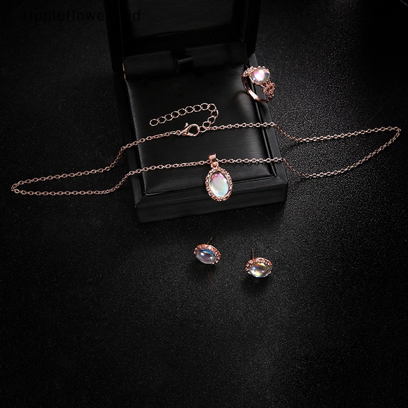 {rippleflower4.id} Aurora Oval Zirkon Kalung Anting Cincin Set Perhiasan Wanita Romantis Lapis Emas Imitasi Opal Hadiah Aksesoris~
