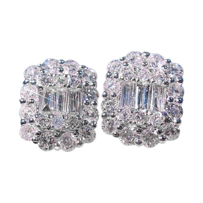 Dazzling Cubic Zircon Stud Earrings Mewah Warna Silver Anting Geometris Untuk Wanita Aksesori Serbaguna Perhiasan Pernikahan