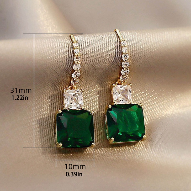 Anting Menjuntai Wanita Warna Emas Dengan Persegi Hijau Cubic Zirconia Temperamen Anting Telinga Perempuan Perhiasan Pernyataan Baru
