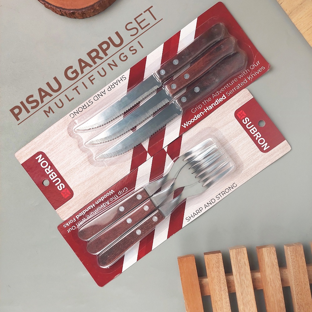 3pcs Pisau Garpu Set Steak Stainless Steel Alat Makan BBQ Handle Kayu Asli Cafe Resto Multifungsi