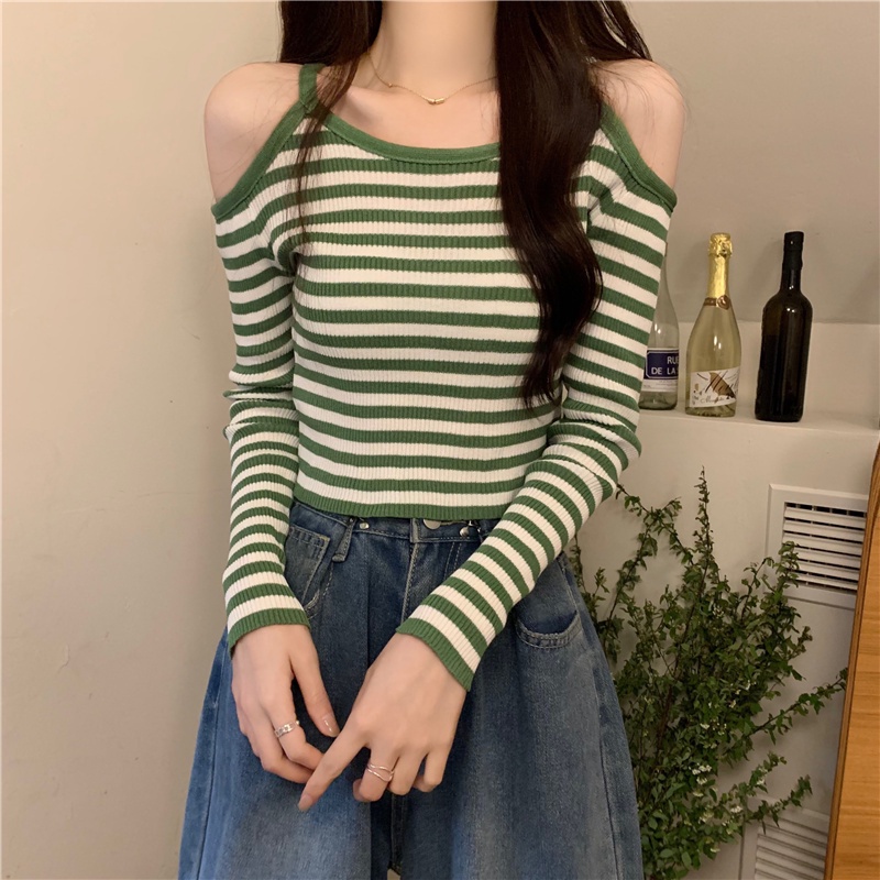 Kekinian Atasan Wanita Off-Shoulder Lengan Panjang Korean Rajut Top