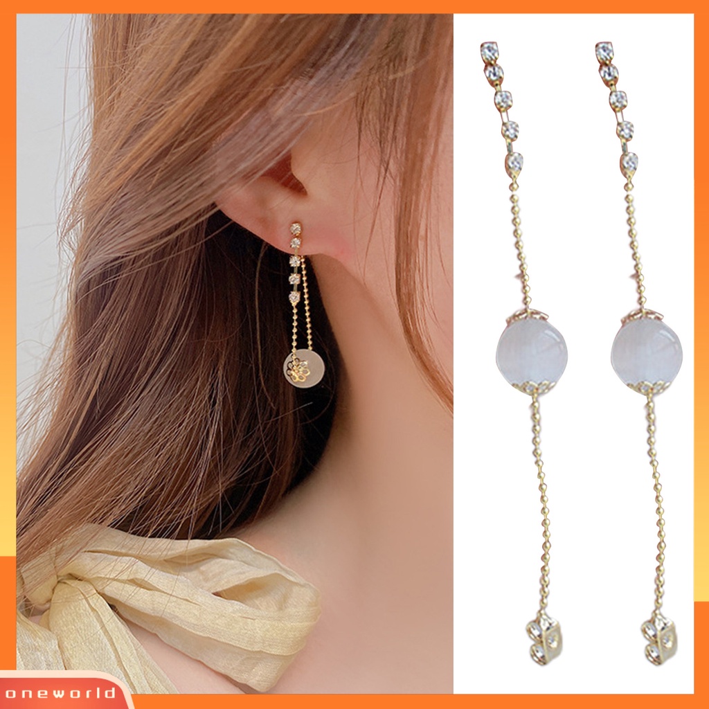 [WOD] 1pasang Ear Stud Hias Berlian Imitasi Opal Beads Hias Logam Kristal Imitasi Menjuntai Anting Untuk Pesta