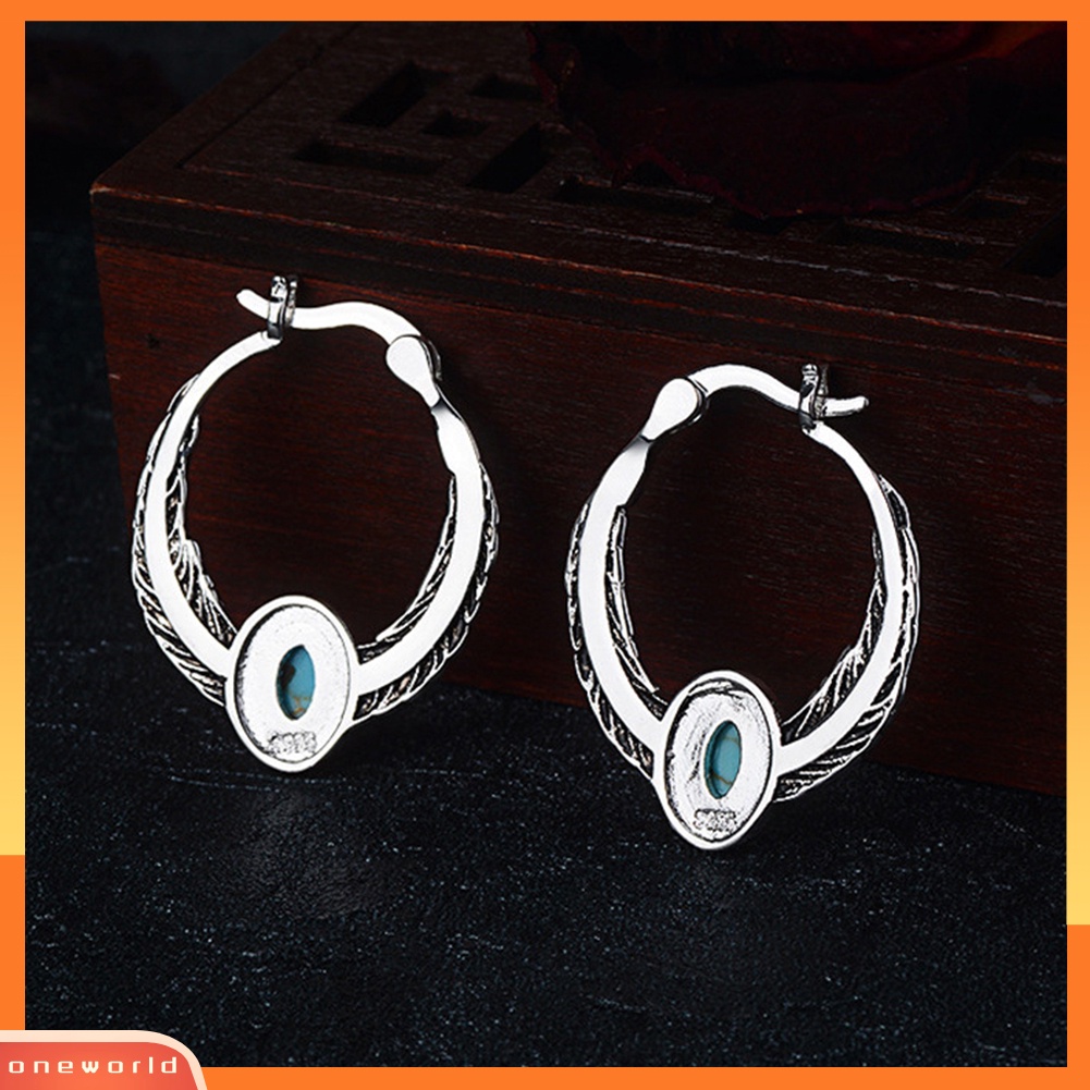 [WOD] Vintage Wanita Faux Turquoise Hias Bulu Menjuntai Hoop Earrings Perhiasan Hadiah