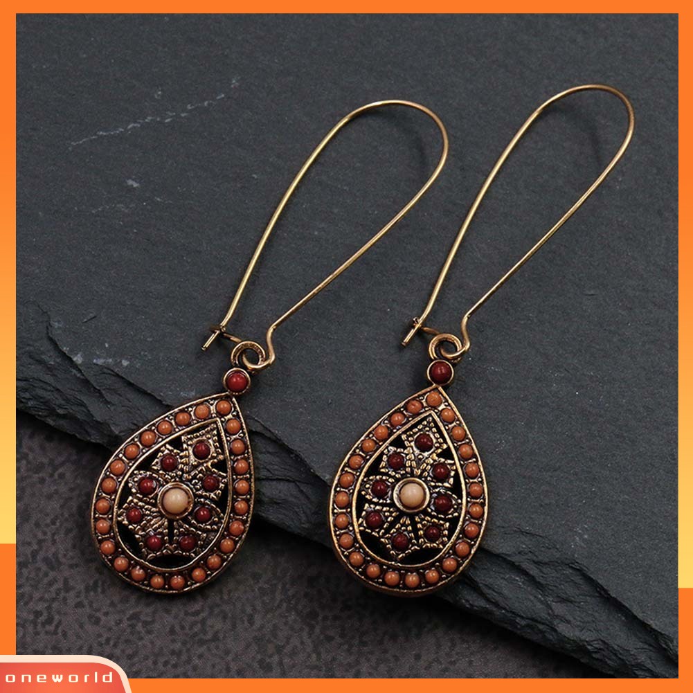 [WOD] Bohemian Wanita Manik-Manik Faux Turquoise Hias Hollow Teardrop Menjuntai Kait Anting