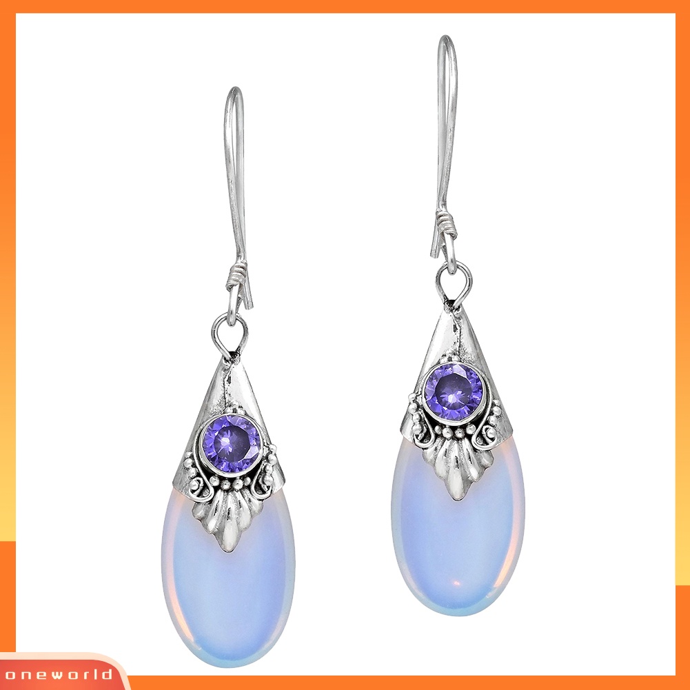 [WOD] Wanita Fashion Teardrop Drop Menjuntai Kait Anting Perhiasan Pesta Moonstone Imitasi