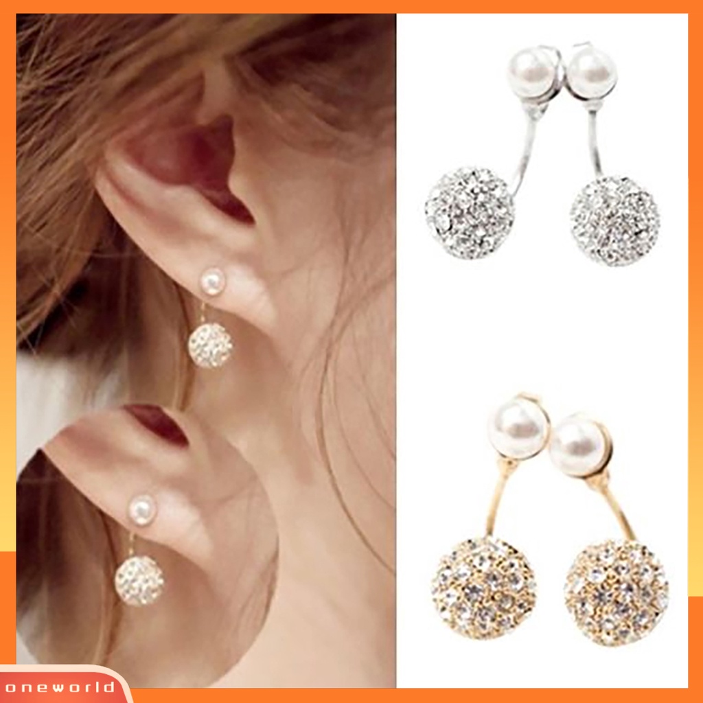 [WOD] 1pasang Ear Studs Faux Pearl Decor Jewelry Alloy Wanita Anting Tusuk Depan Belakang Untuk Pesta Ulang Tahun