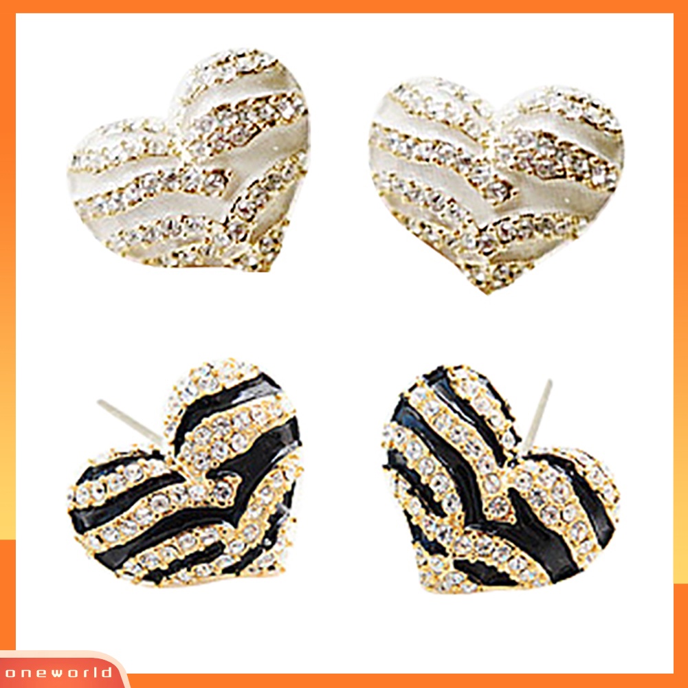 [WOD] Fashion Wanita Zebra Kristal Berlian Imitasi Bentuk Hati Ear Stud Earrings Jewelry