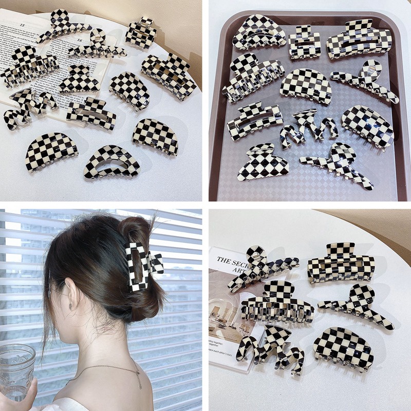 Checkerboard Grab Hair Clip Aksesoris Rambut Untuk Wanita Warna Akrilik Kotak-Kotak Jepit Rambut Hiu Klip Gadis Aksesoris Kepala Hair Claw