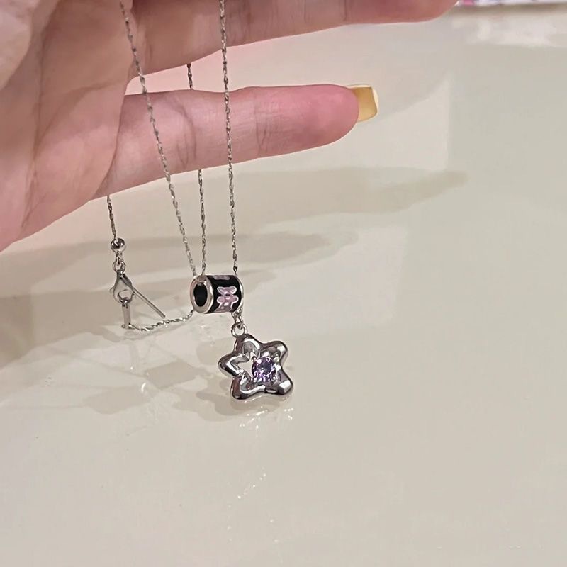 Ungu Zirkon Bintang Liontin Kalung Korea Sederhana Perak Bunga Klavikula Rantai Kalung Wanita Fashion Perhiasan Hadiah