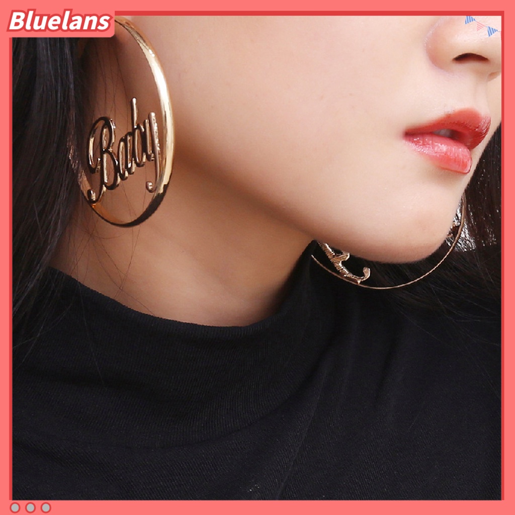 [BLS] 1pasang Anting Hoop Desain Huruf Berlebihan Anti-tarnish Perhiasan Pernikahan Alloy Besar Halus Wanita Anting Lingkaran Bulat Loop Earrings