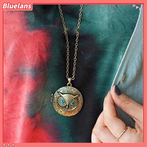 [BLS] Wanita Vintage Biru Berlian Imitasi Mata Owl Liontin Liontin Kalung Rantai Panjang