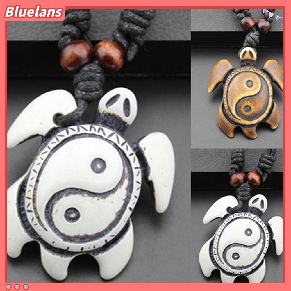 [BLS] Retro Wanita Pria Faux Bone Wax Cord Yin Yang Tai Chi Turtle Pendant Kalung Hadiah