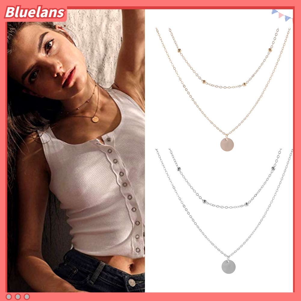 [BLS] Wanita 2-Layer Round Disc Menjuntai Klavikula Rantai Choker Kalung Pesta Perhiasan