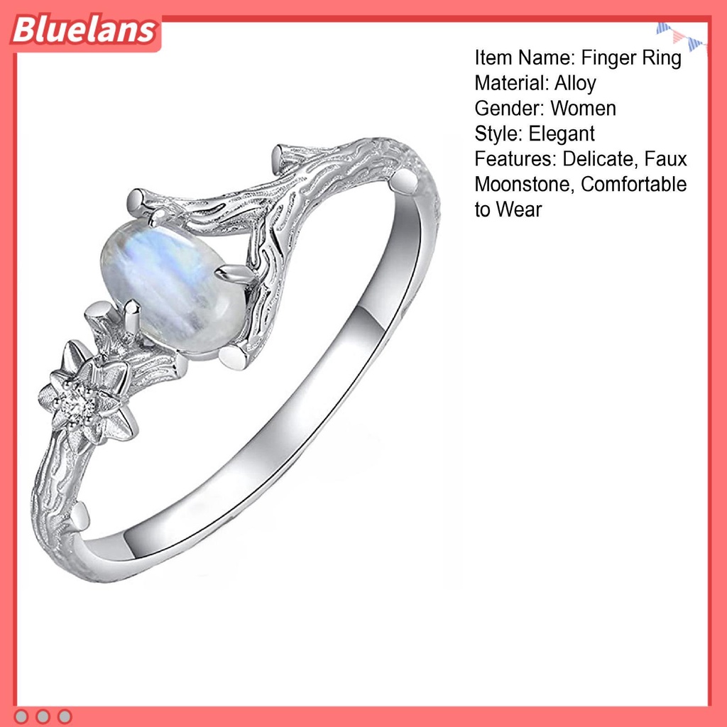 [BLS] Wanita Cincin Batu Alam Warna Perak Terukir Pohon Cabang Bunga Vintage Faux Moonstone Bertatahkan Jari Cincin Fashion Perhiasan