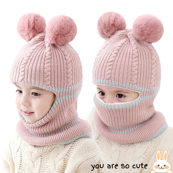 Kupluk Rajut Hangat Bayi untuk Musim Dingin Pompom dan Neck Cover