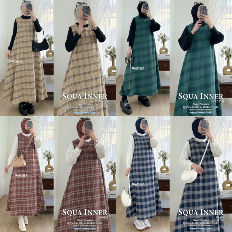 (BISA COD) Squa Inner Premium Dress Gamis Kutung Tanpa Lengan Kutung Motif Kotak-Kotak Bahan Flanel 