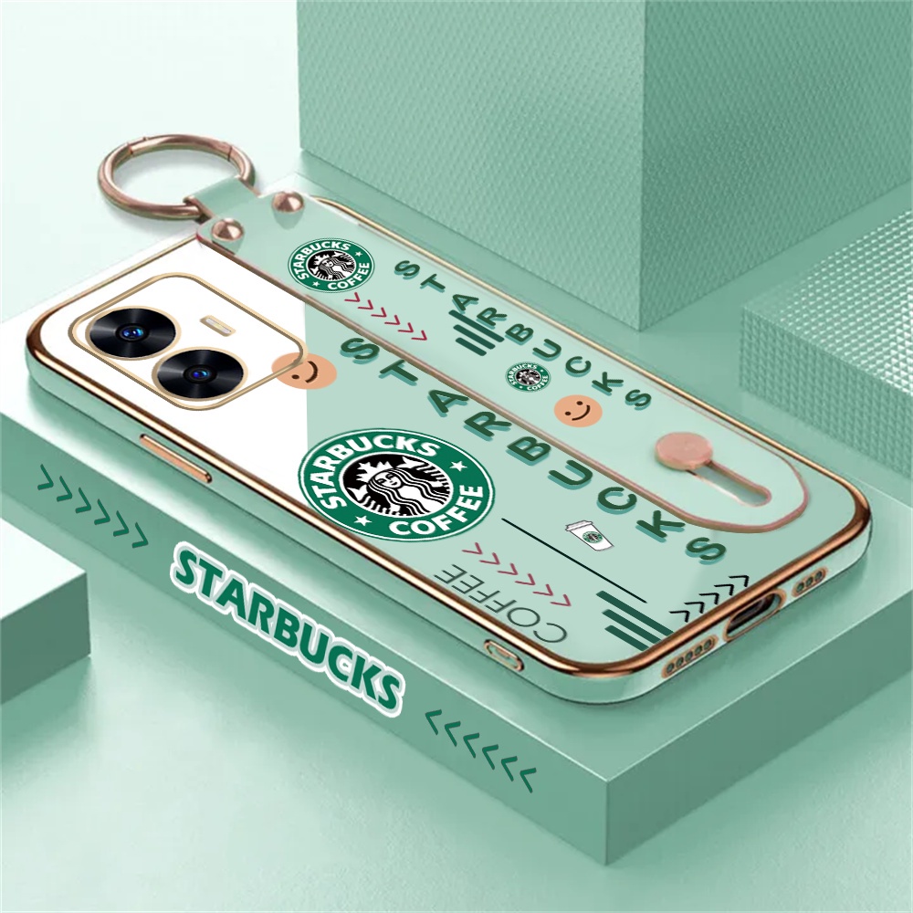 Starbucks Case Realme C53 C55 C21Y C25Y C33 C30 C35 C31 Realme10 5i 6i C11 2021 C15 C12 C25 C20 C2 Narzo 50A Fashion Dudukan Lipat Holder Mewah Plating Karet Soft Cover