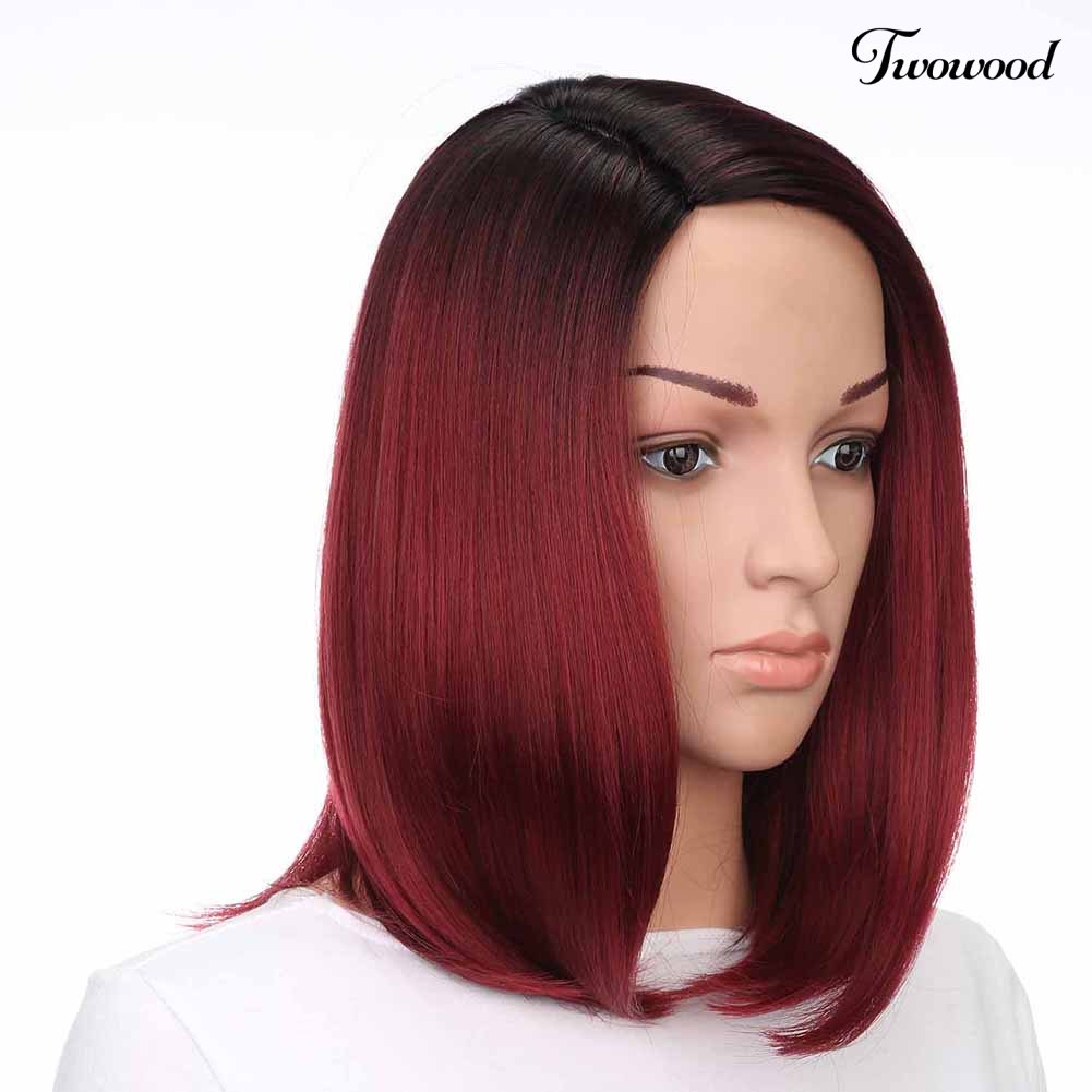 Twowood Perempuan Merah Gradien Rambut Lurus Serat Suhu Tinggi Matte Wig Sopak