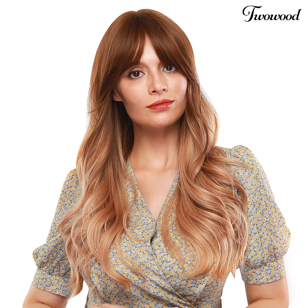 Twowood Fashion Coklat Wanita Serat Sintetis Poni Panjang Keriting Wig Cosplay Pesta Sopak