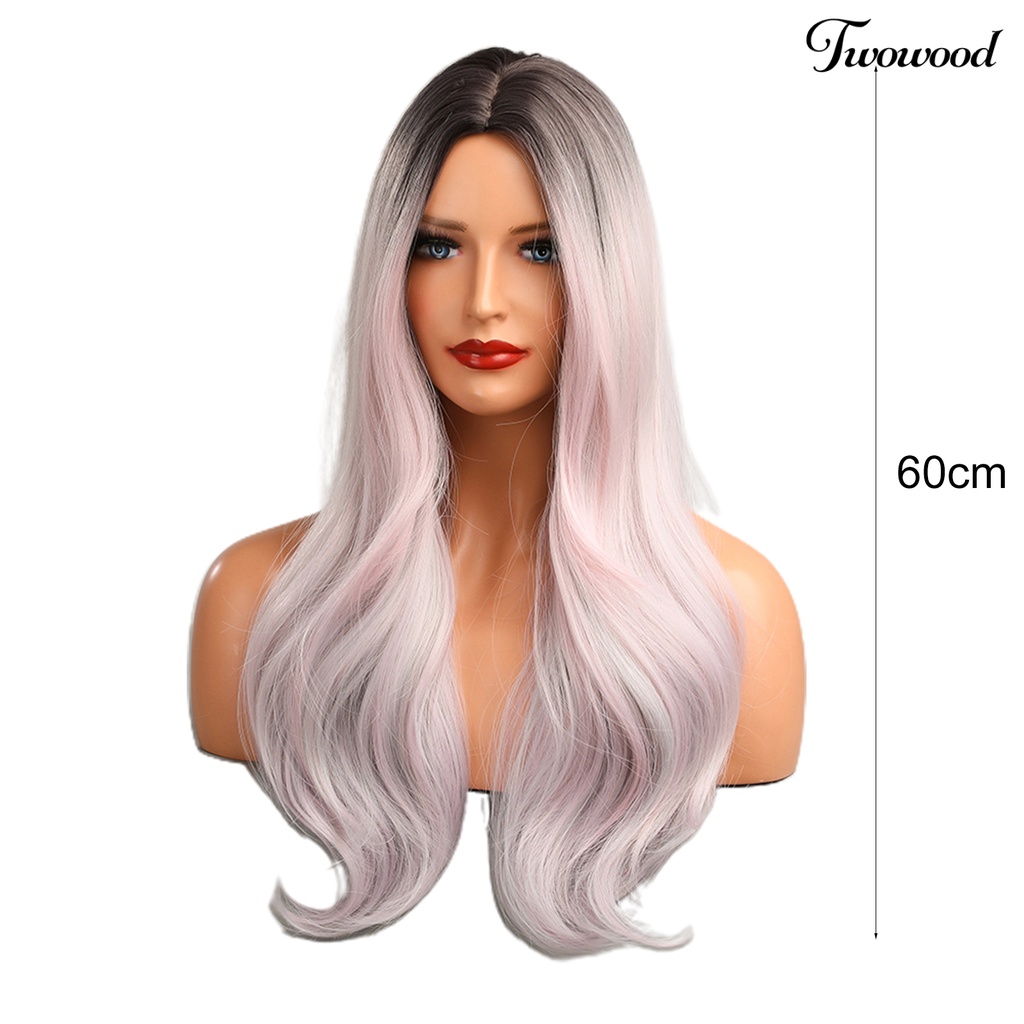 Twowood Fluffy Wig Gradasi Serat Suhu Tinggi Dengan Hairnet Pink Golden Color Wanita Panjang Keriting Wig Styling Rambut