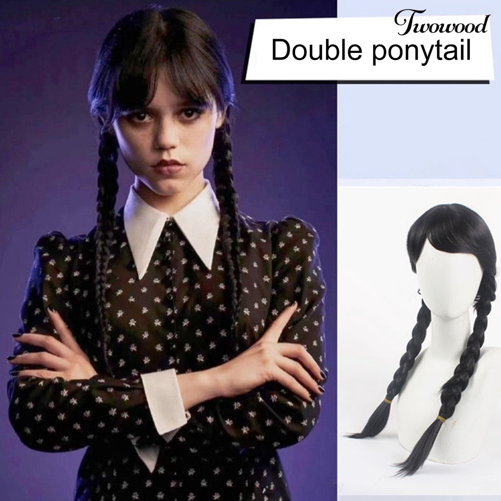 Twowood Cosplay Wig Simulasi Jangan Perm Halus Cakupan Penuh Bermain Peran Tanpa Simpul Panjang Hitam Kepang Rambut Dengan Poni Wanita Wig Pesta Supply