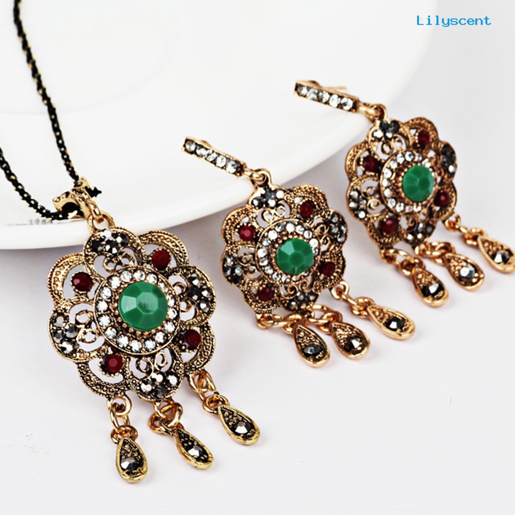 [LS]1 Set Wanita Kalung Gaya Etnik Berlian Imitasi Berongga Tetesan Air Jumbai Bohemian Retro Klavikula Kalung Stud Anting Kit Fashion Perhiasan