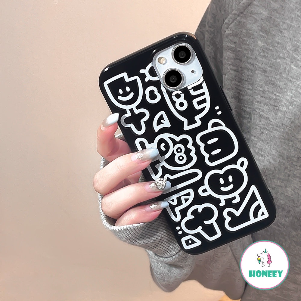 IPHONE Casing Ponsel Cinta Bunga Graffiti Lucu Kompatibel Untuk Iphone14 13 Pro Max12/12 Pro 11 Pro Max XR XS 7 8plus Hitam Lembut TPU Sarung Handphone