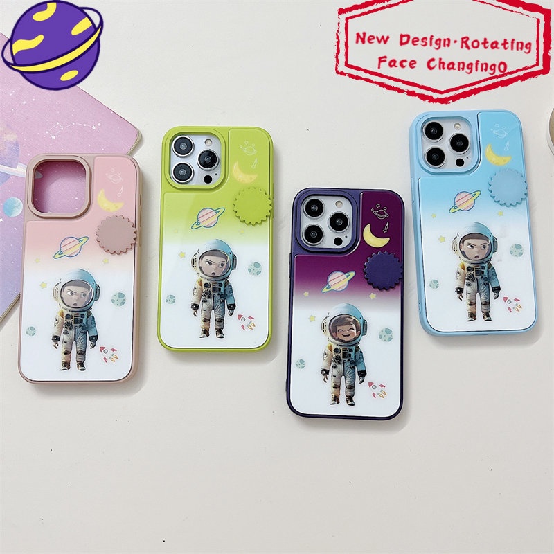 Casing Ponsel Astronot Berputar Mengubah Wajah Cocok Untuk IPhone 14 13 12 11 Pro Max 14Plus Kartun Mekanik Menyenangkan Mode Casing Pelindung