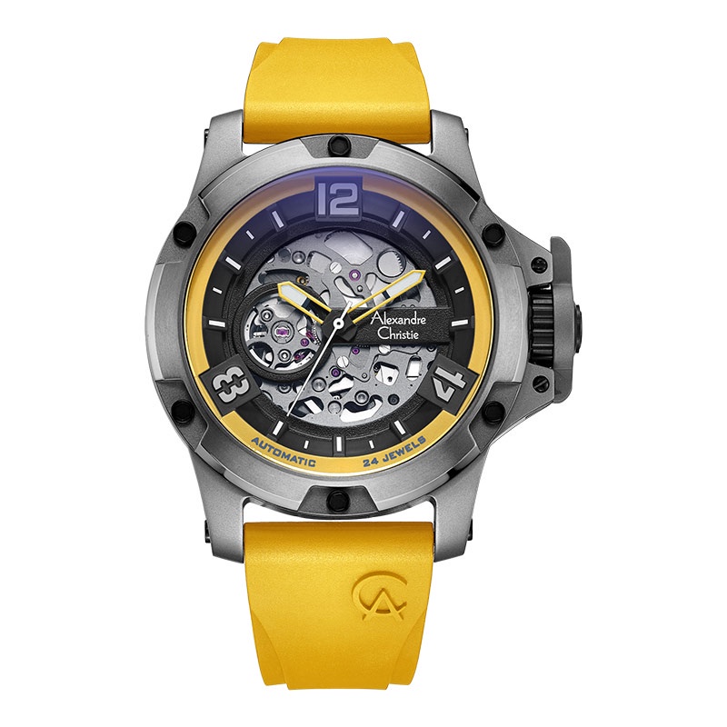 Jam Tangan Pria Alexandre Christie Automatic AC 6295 MT RTPBAYL Skeleton Dial Yellow Rubber Strap