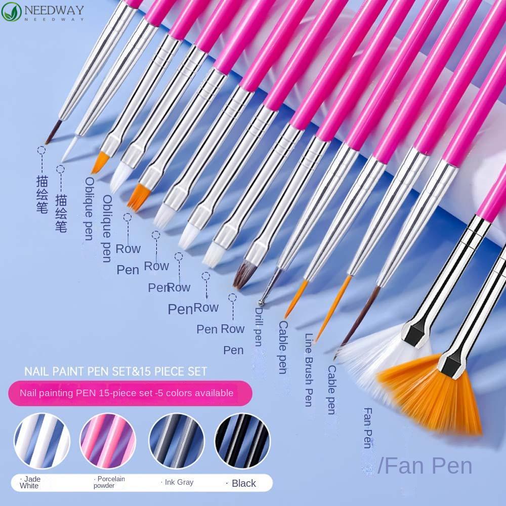 Needway Kuas Nail Art Pink Ultra-Tipis Ukiran 3D Lukisan Brush DIY Nail Art Handle Nail Liner Pulpen Set