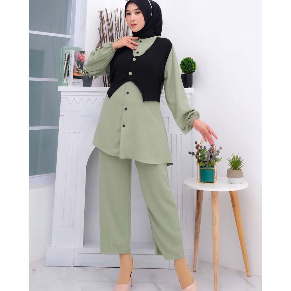 Artha Set Wanita Muslim Cringkle Polos Basic l Setelan Celana 2in1 All Size XL Besar OOTD Casual Daily