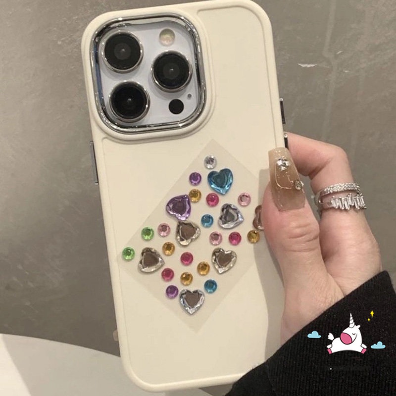 Casing Persegi Plating Mewah Warna Solid Sederhana Kompatibel Untuk iPhone 7Plus 11 8Plus 13 14 11 12 Pro MAX XR X XS MAX Warna-Warni Cinta Hati Berlian Casing Ponsel Dengan Dekorasi Stiker