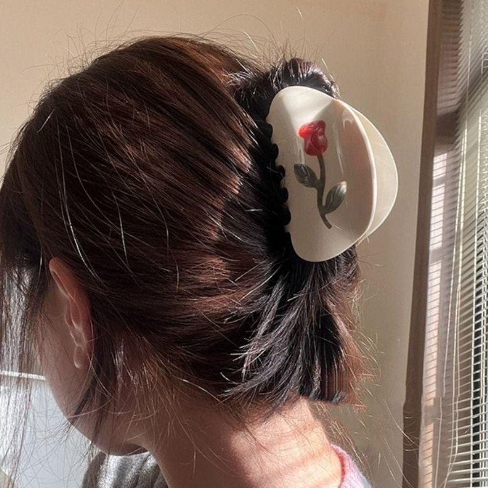 NEEDWAY Needway Puppy Dog Hair Claw Aksesoris Rambut Lucu Elegan Bunga Mawar Plastik Hairgrips Hiasan Kepala Ponytail Holder Gaya Putri Jepit Rambut Besar Korea Hiu Klip