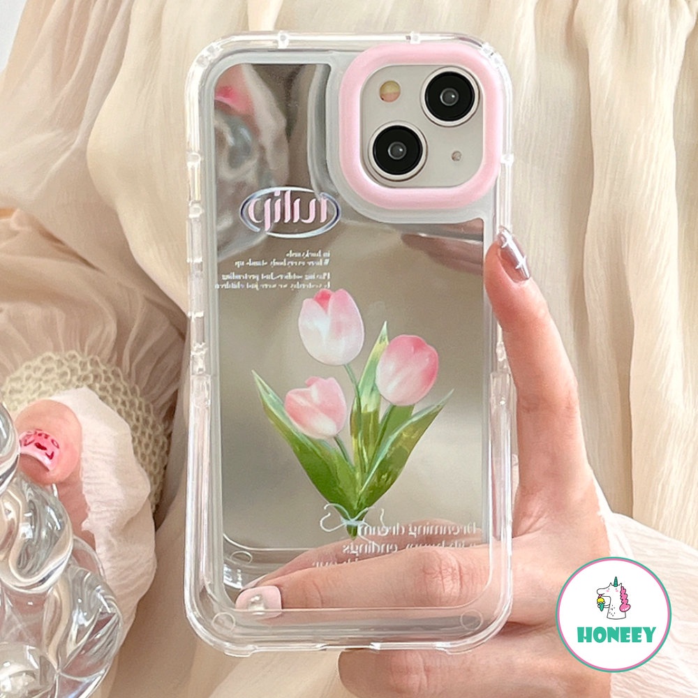 Pink Tulip Cermin Rias Tak Terlihat Stand Phone Case Kompatibel Untuk Iphone14 13 12 Pro Max Case iPhone 11 Pro Max Shockproof Back Cover