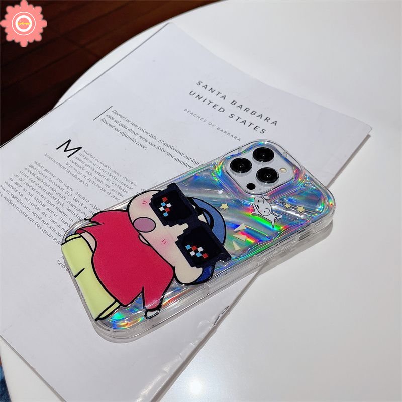 IPHONE Kacamata Hitam Keren Crayon Shin-Chan Casing Kartu Laser Mewah Kompatibel Untuk Iphone11 13 14 12 Pro MAX 7Plus XR 8 6 6S Plus X XS MAX SE 2020 Dazzle Color 3D Stereo Corrugation Soft Case