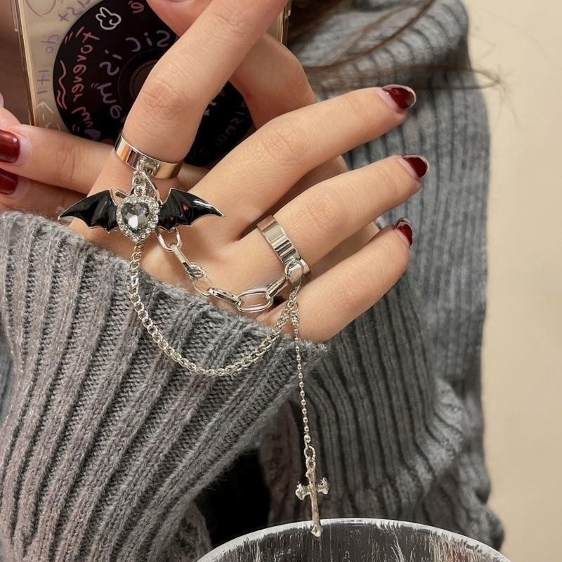 Fashion Y2K Alloy Berlian Imitasi Pembukaan Cincin/ Gothic Manis Keren Salib Gelap Cincin/ Harajuku Setan Sayap Rantai Liontin Jari Cincin Perhiasan