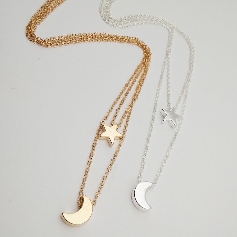 Kalung Liontin Bulan Bintang Lapis Emas Perak Choker Rantai Klavikula Untuk Wanita Perhiasan Logam Hadiah Pesta Ulang Tahun