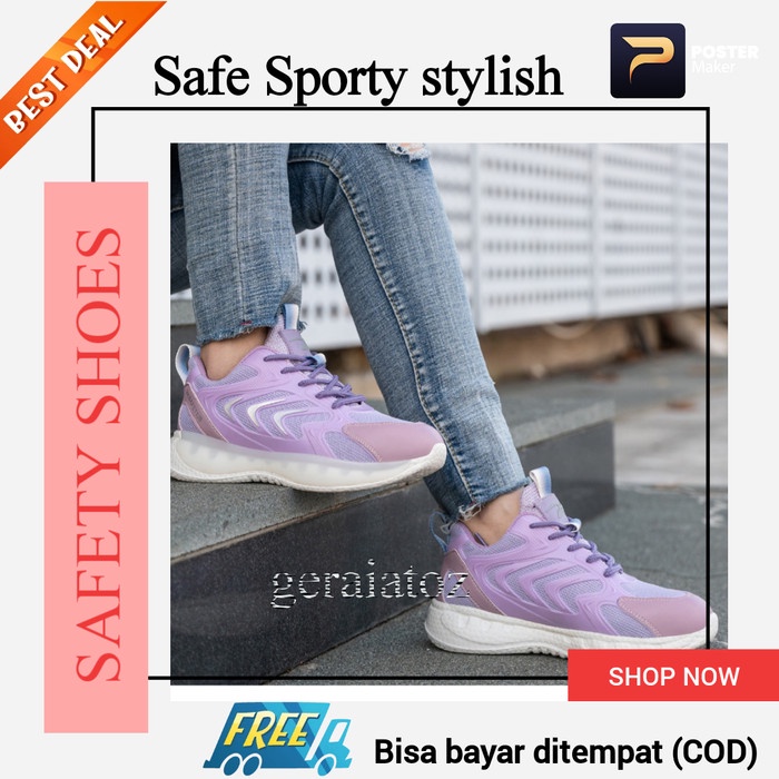Sepatu Safety shoes sneakers ungu wanita perempuan ujung besi ringan - Ungu, 36