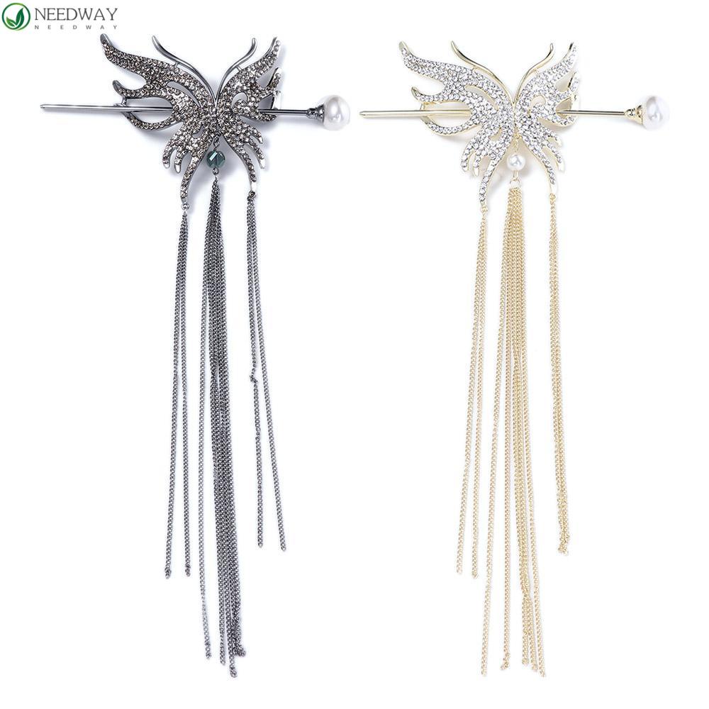 Needway Kupu-Kupu Rambut Tongkat Hair Clip Elegan Hanfu Bulang Mutiara Rantai Panjang Perempuan Berlian Sisipan Rambut Ladies Hair Fork