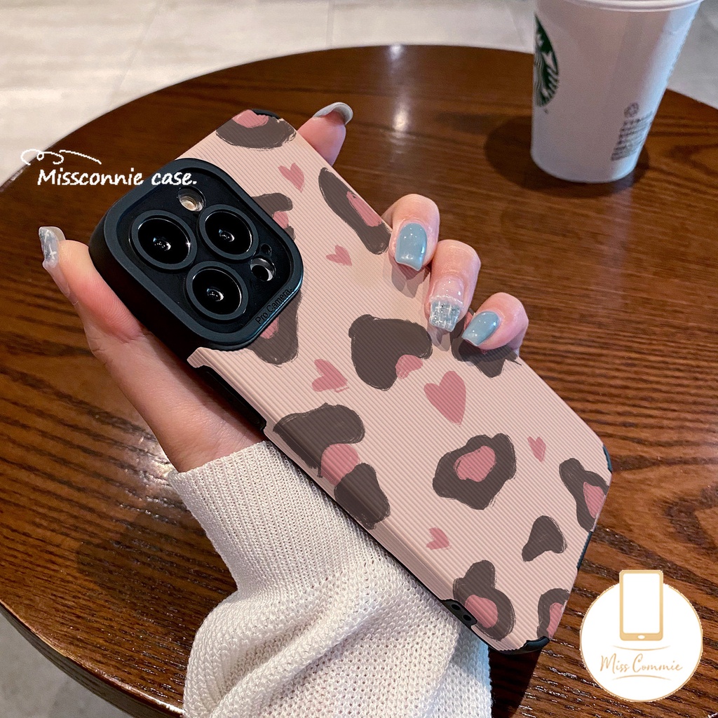 Ins Cinta Hati Shockproof Case Kompatibel Untuk IPhone XR 11 13 12 14 Pro 7Plus Max7 8 Plus X XS MAX Merek Trendi Leopard Jahitan Kontras Penutup Tekstur Kulit