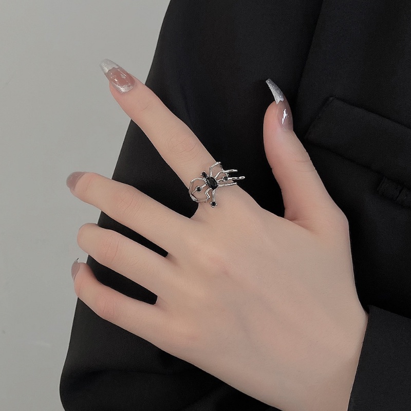 [Ditampilkan] Punk Hitam Kristal Geometris Logam Terbuka Cincin/Gothic Irregular Spider Webs Zircon Rings/Korea Hip Hop Fashion Adjustable Finger Rings Jewelry/