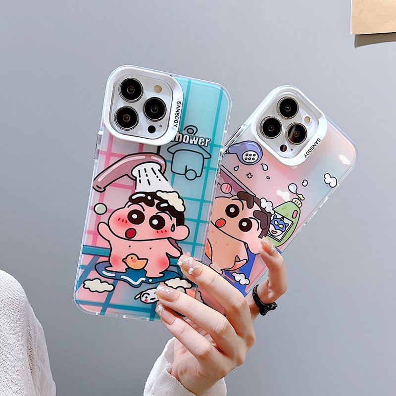 【Laser colorful】So Cute IMD high quality bathe Shin-chan Hard Case for IPhone 11 12 13 14 Pro Max Women Girl Lovely Cartoon