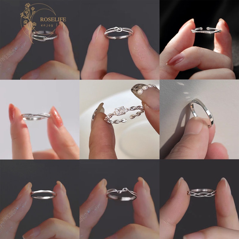 Roselife Korea S925 Perak Zirkon Busur Kupu-Kupu Beruntung Mutiara Cincin Untuk Wanita Gadis Manis Cinta Cincin Pernikahan Pertunangan Pesta Teman Pasangan Jari Perhiasan Aksesoris