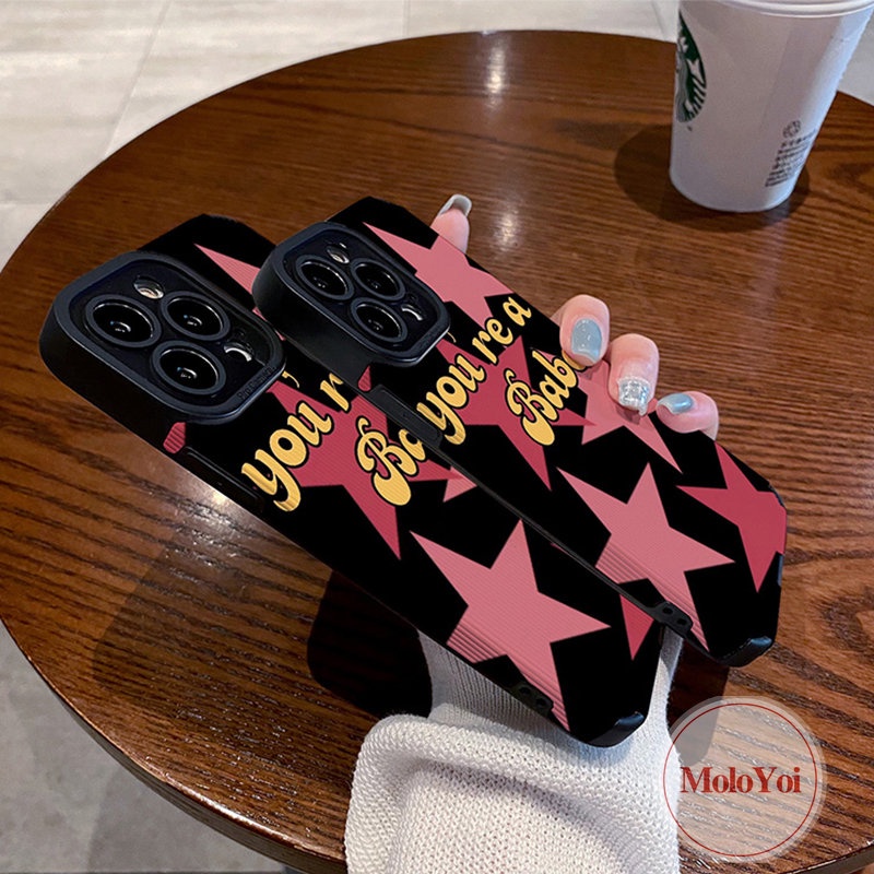 Luxury Leather Pink Star Letter Soft Phone Case Kompatibel Untuk IPhone 7Plus XR 11 13 14 12 Pro MAX X7 8 Plus XS MAX Cinta Hati Tekstur Shockproof Cover