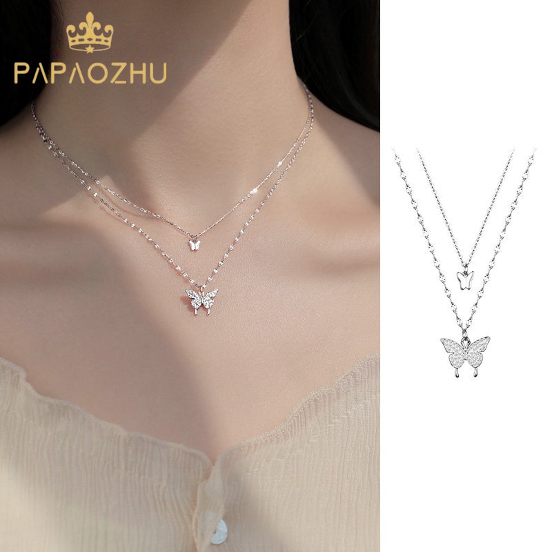 Papaozhu Korea Glittery Kristal Ganda Kupu-Kupu Liontin Kalung Untuk Wanita Perempuan Elegan Double Layered Silver Tulang Selangka Rantai Kalung Perhiasan Hadiah